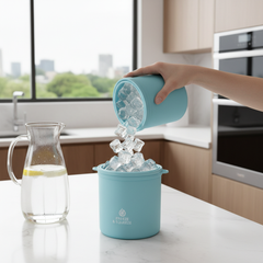 Silicone ice maker bucket with ice cubes, space-saving cylinder design for easy ice making