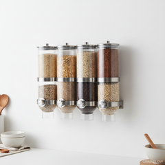 Wall-mounted kitchen storage jars with sealed lids for organizing grains, pasta, and dry goods