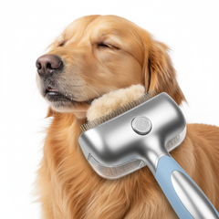 Self cleaning dog brush being used on happy golden retriever removing loose fur